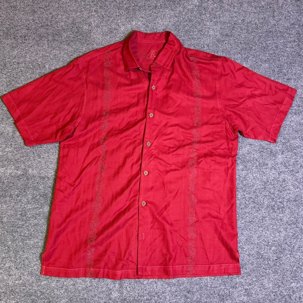 Tommy Bahama Mens Large Red Silk Hula Girl Embroidered Camp Shirt Short Sleeve